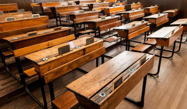 wooden desks in a school