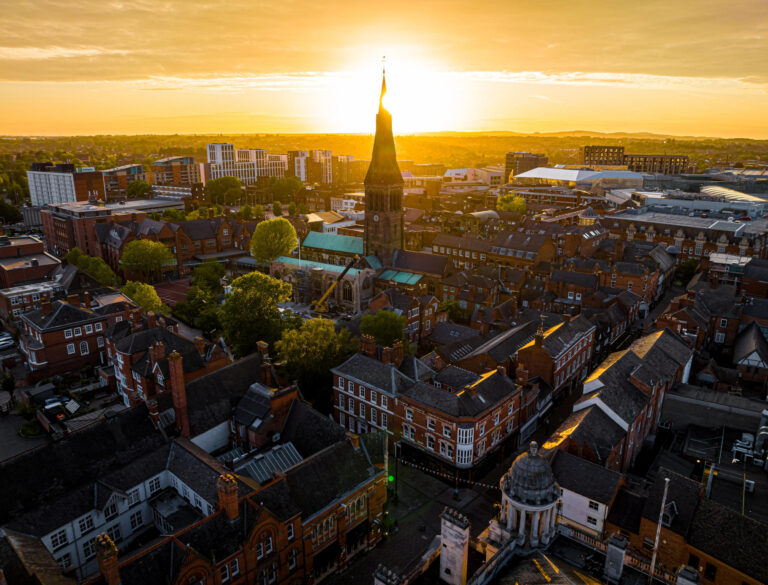 Aerial view of Leicester cathedral in Leicester, a city in England’s East Midlands region, UK
