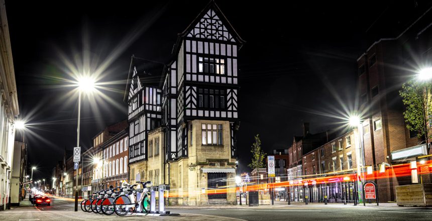 View of night Leicester, a city in England’s East Midlands region, in Christmas time, UK