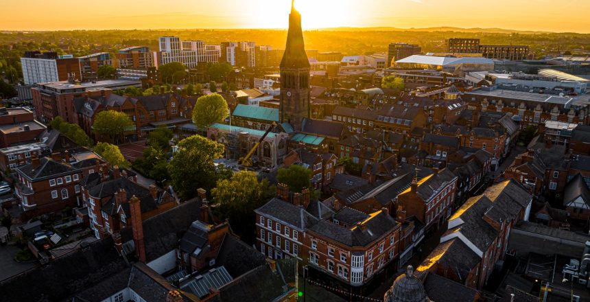 Aerial view of Leicester cathedral in Leicester, a city in England’s East Midlands region, UK